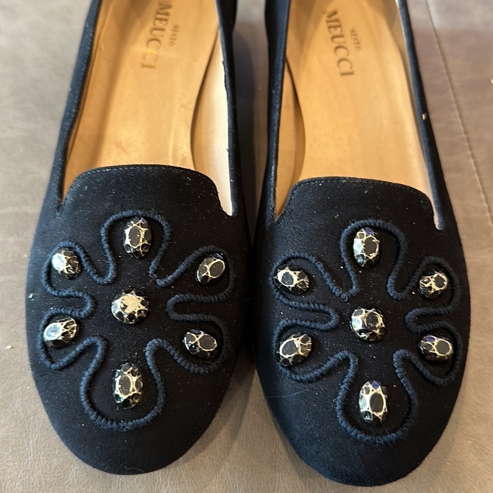 Sesto Meuuci Black Suede Embellished Slip-On Loafers Size 8